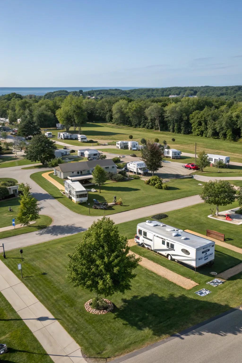 A modern RV park footprint with different site options.