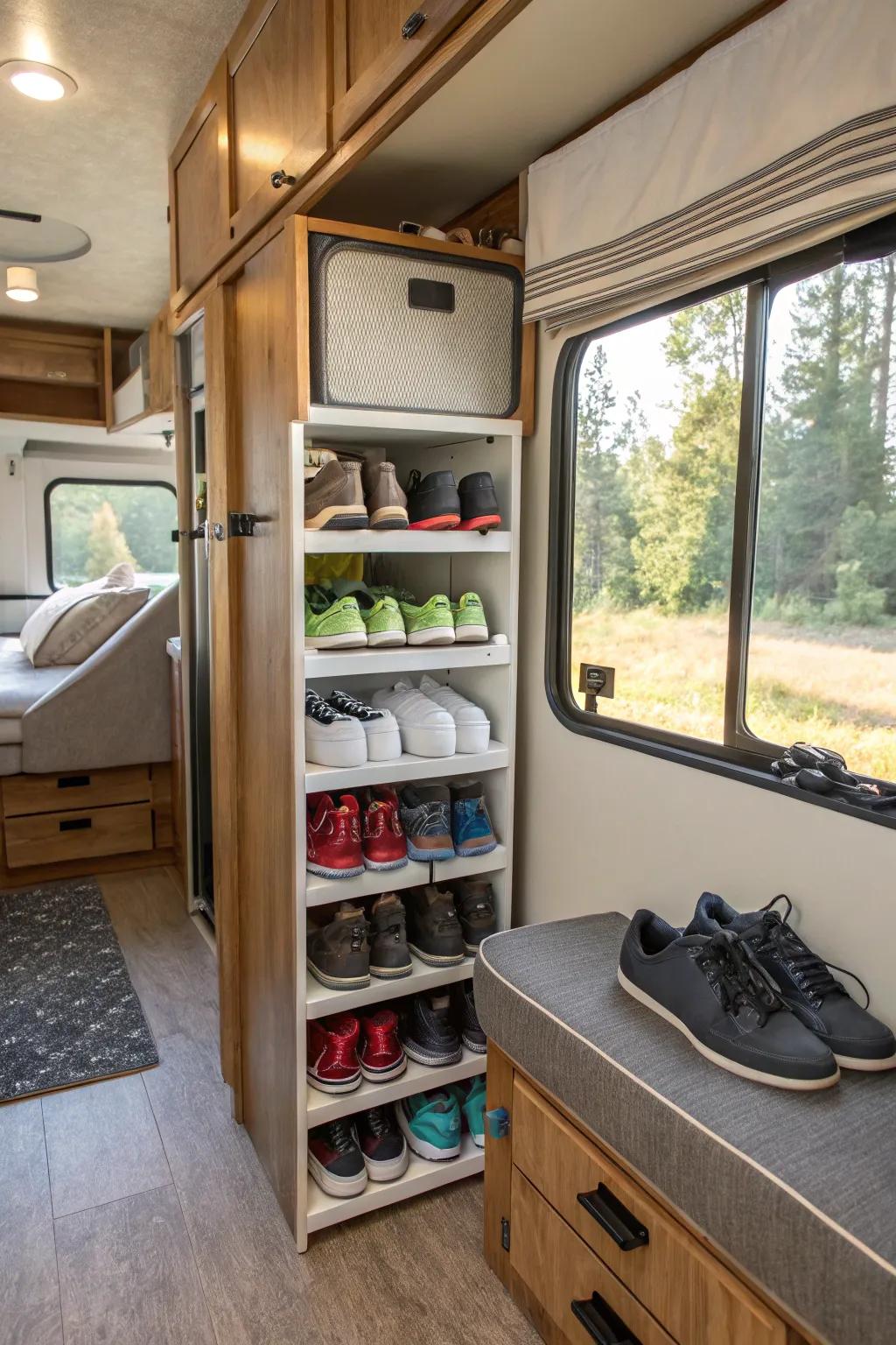 Pile up your shoes vertically with stylish shelving units.