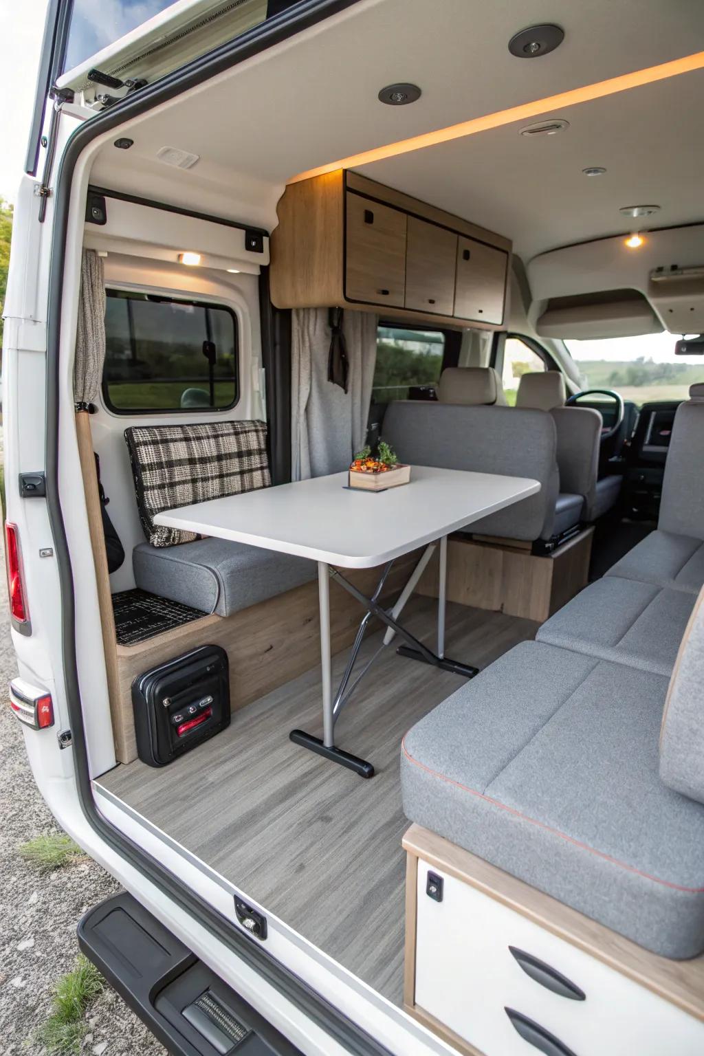 Foldable tables make the most of limited RV space.