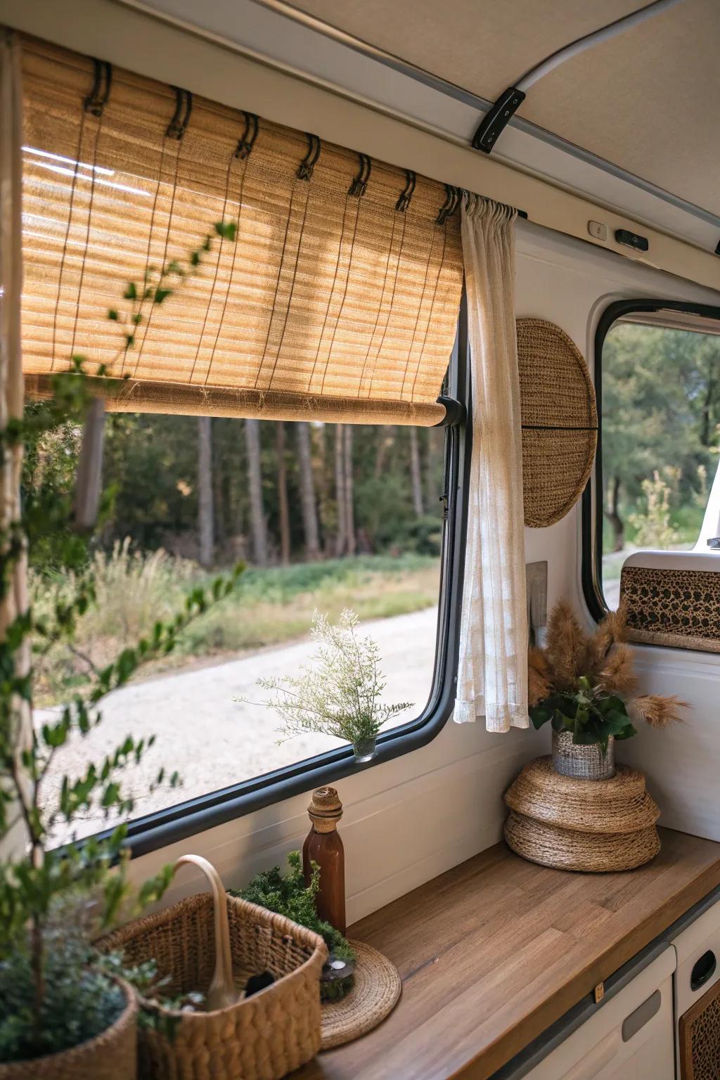 Using plant-based shades provides a cozy, natural atmosphere for your RV.