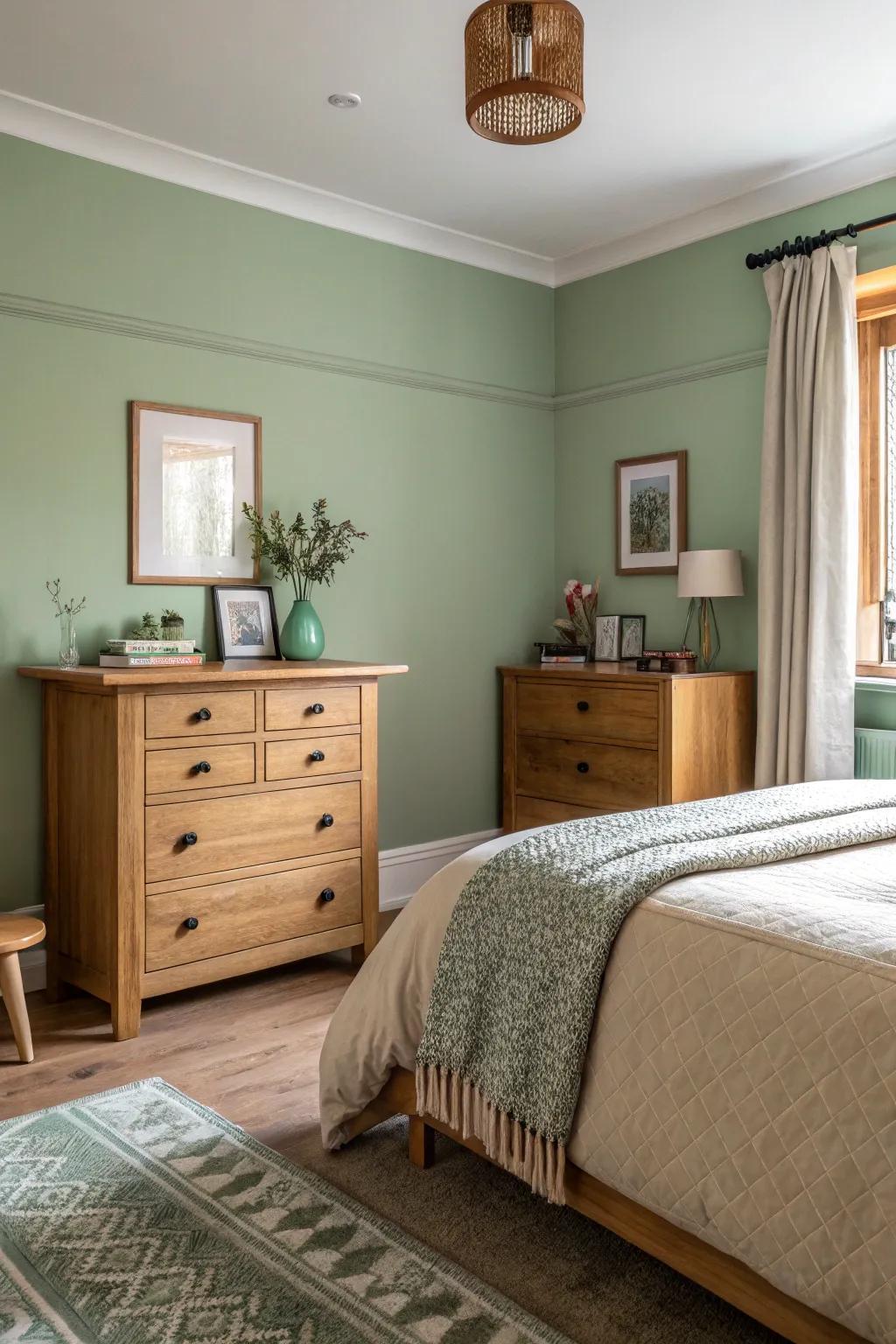 Sage green and unaltered timber merge, forming a warm, inviting bedroom sanctuary.