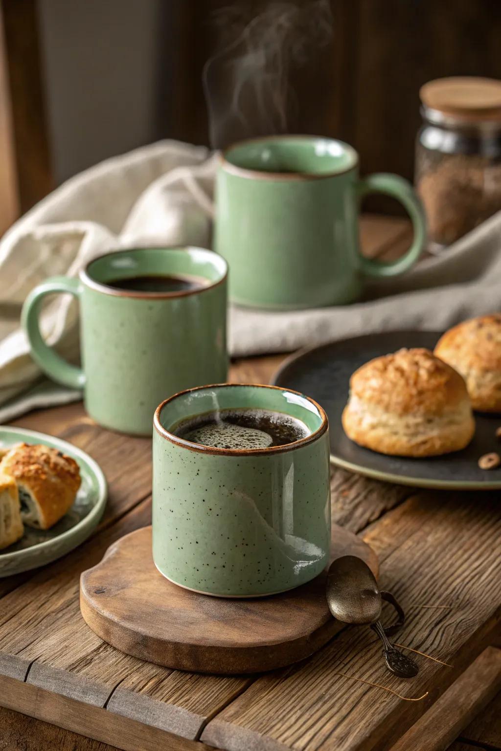 Sage green mugs provide a soothing start to each new day.