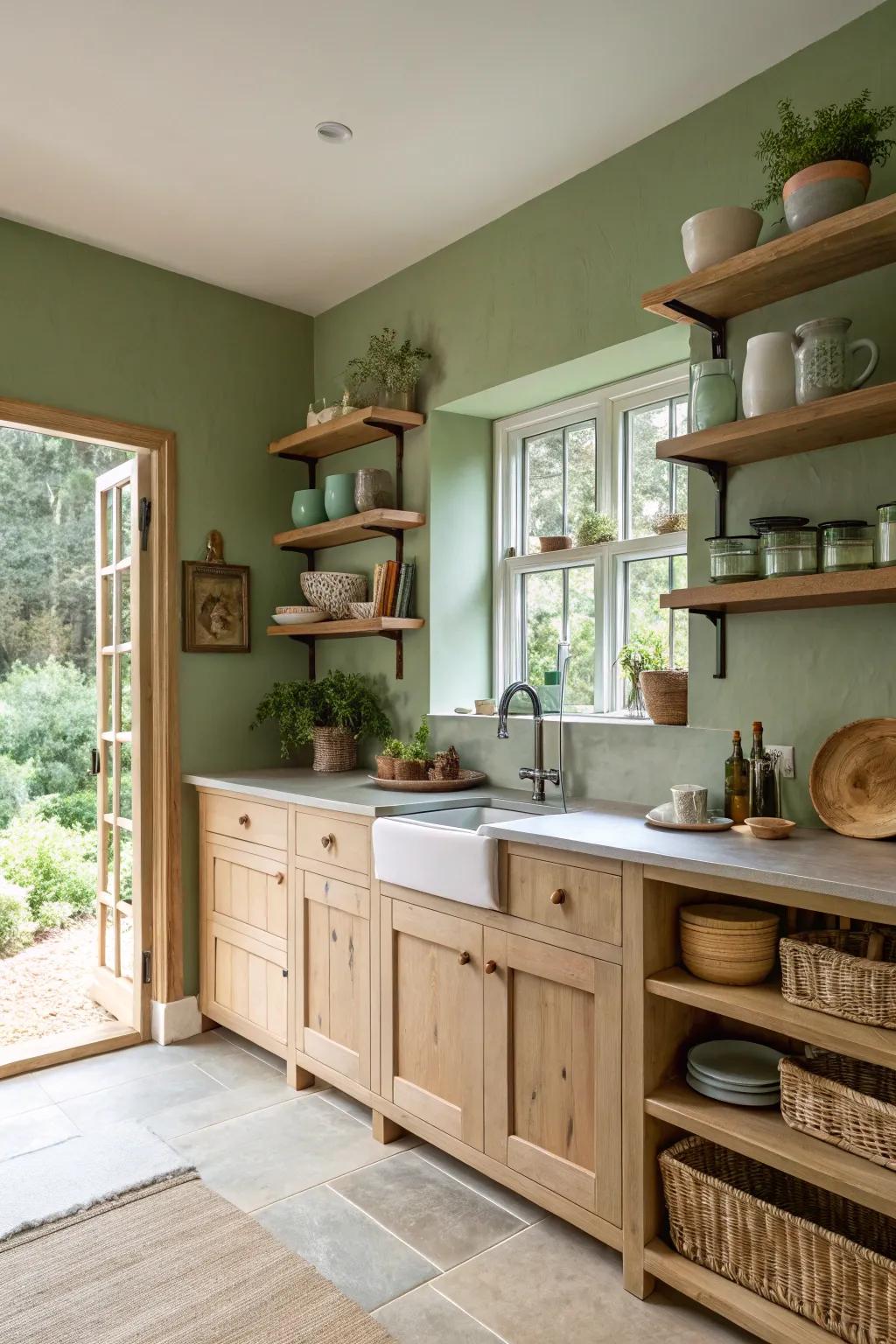 Uncovered ledges on verdant walls for a breezy cooking area look.