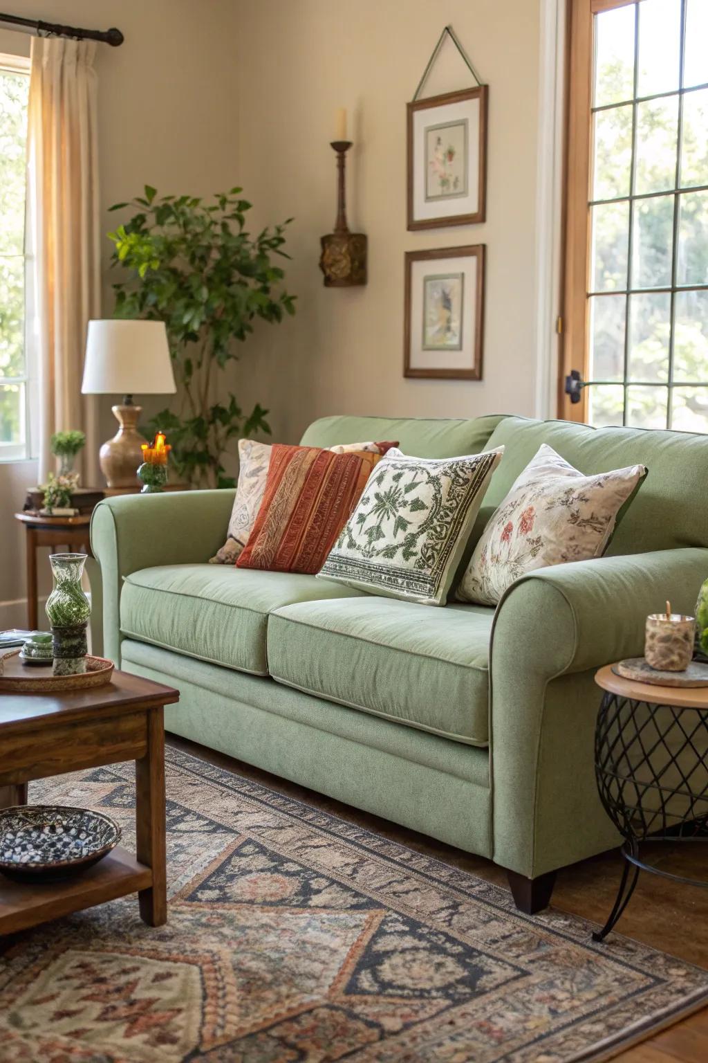 A sage green sofa offers a stylish and peaceful centerpiece.