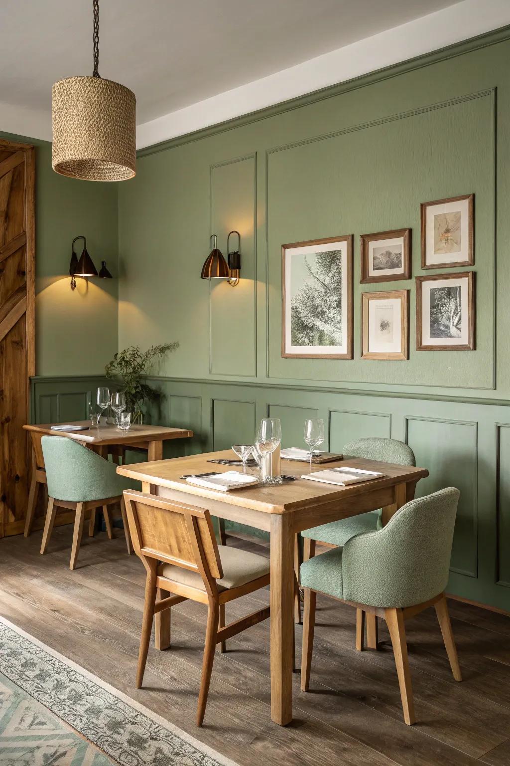 A dining area showcasing the elegant mix of sage green and natural wood.