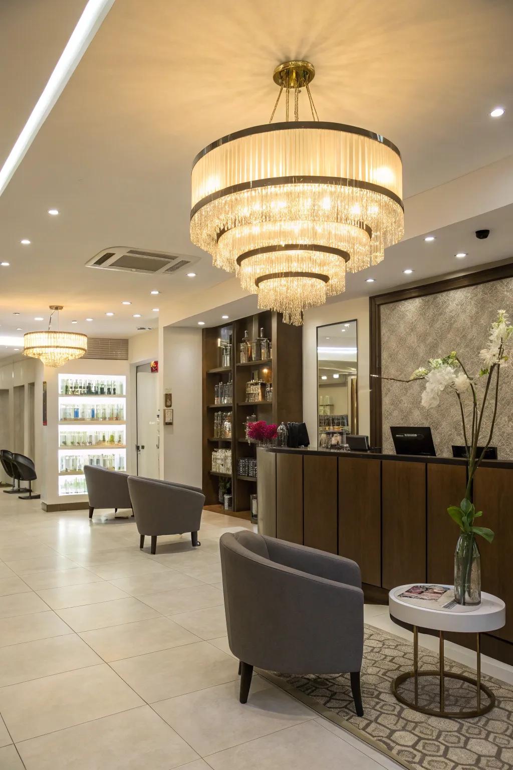 A salon reception space that features an attention-grabbing statement lighting fixture.