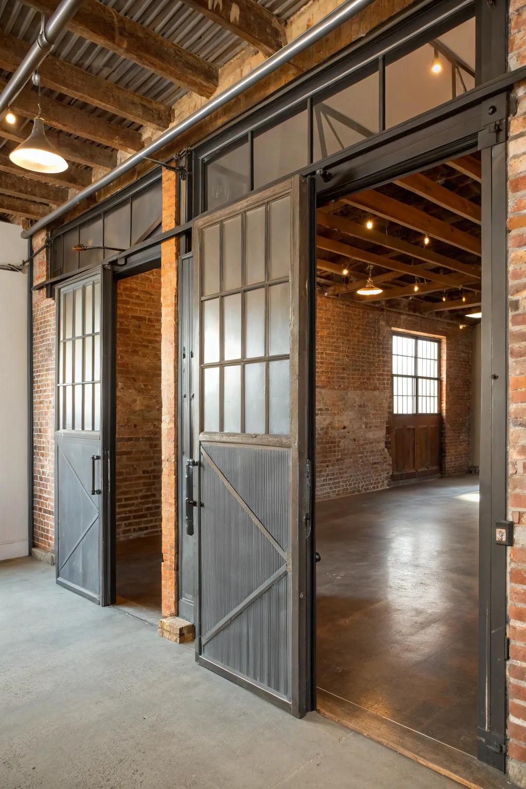 Metal-framed swinging doors offer industrial elegance.