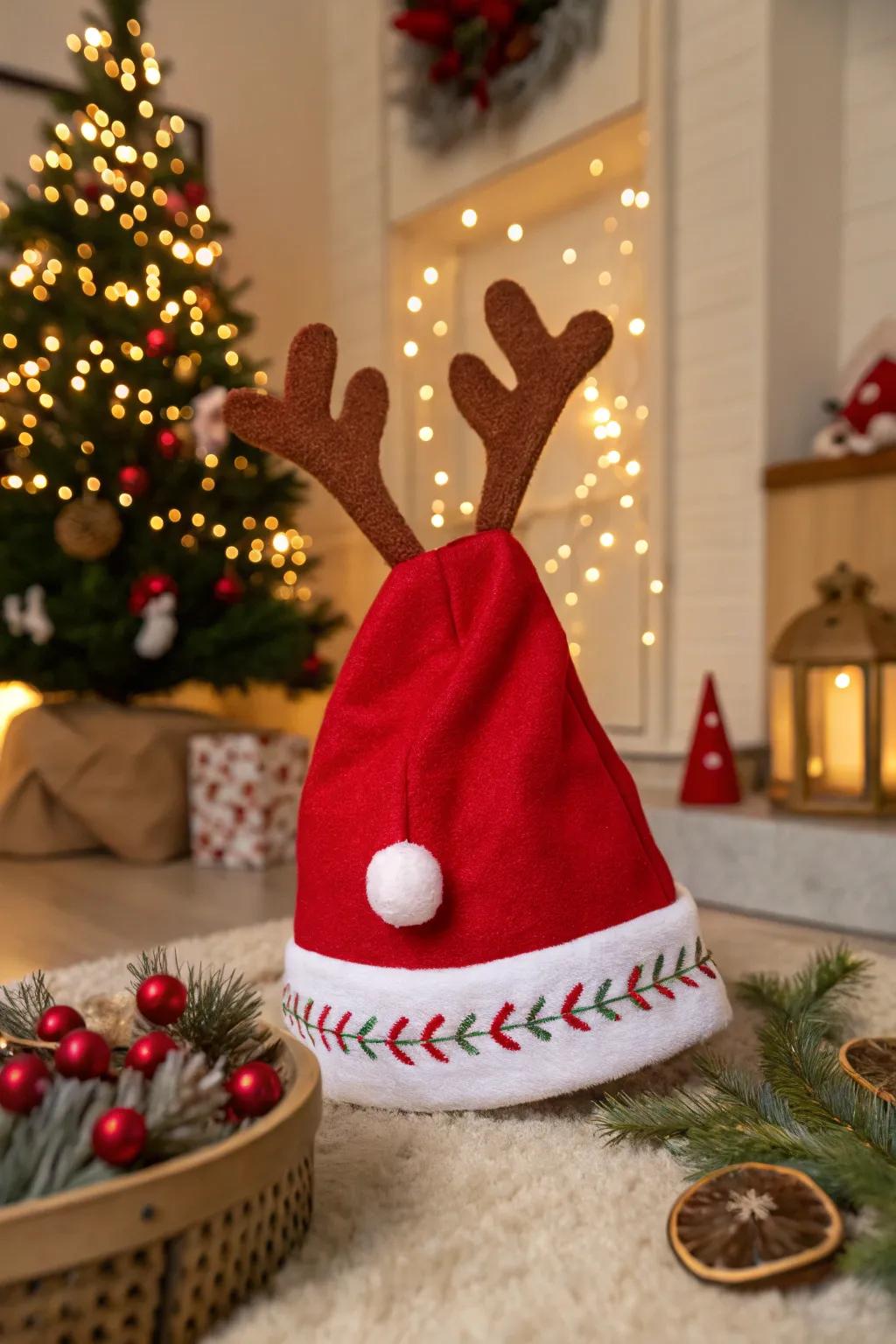 Produce a whimsical aesthetic with reindeer horns and a Rudolph sphere.