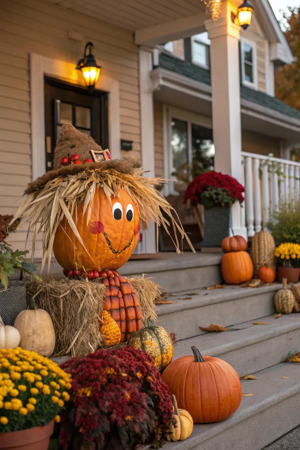 Hay hair grants this scarecrow pumpkin an enjoyable flair.