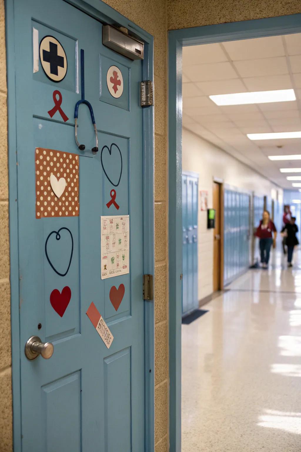 A school nurse’s door showcasing medical designs for a health-centric motif.