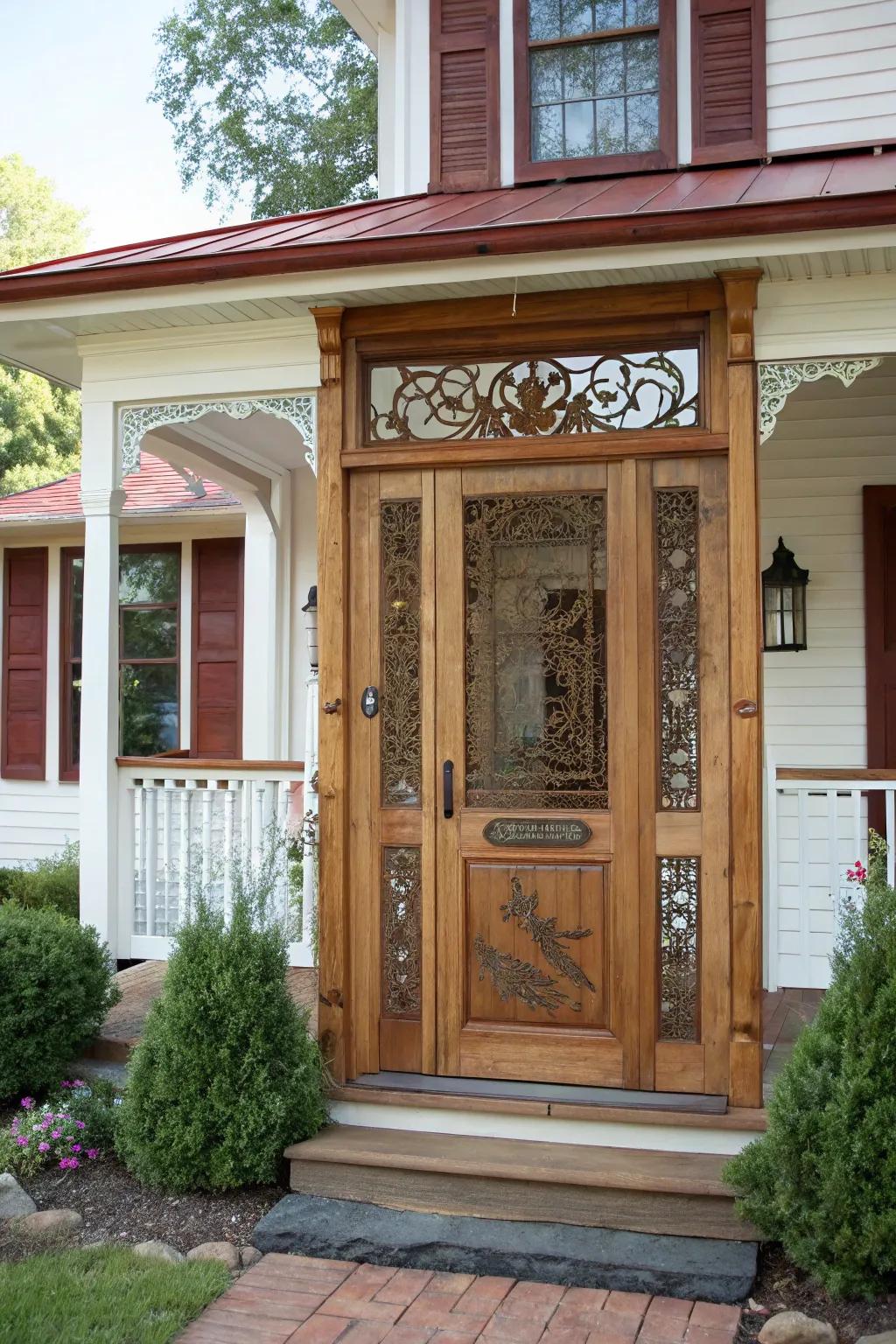 A custom screen door with custom carvings adds a personal stamp.