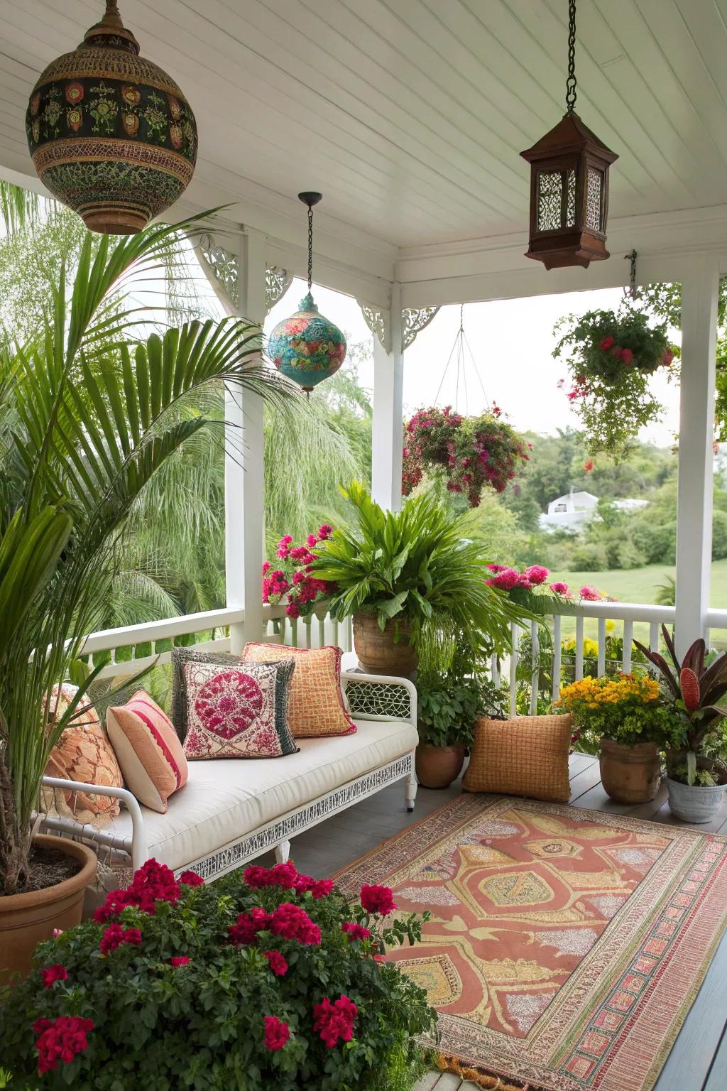 A tropical-inspired porch delivers a holiday atmosphere to your residence.
