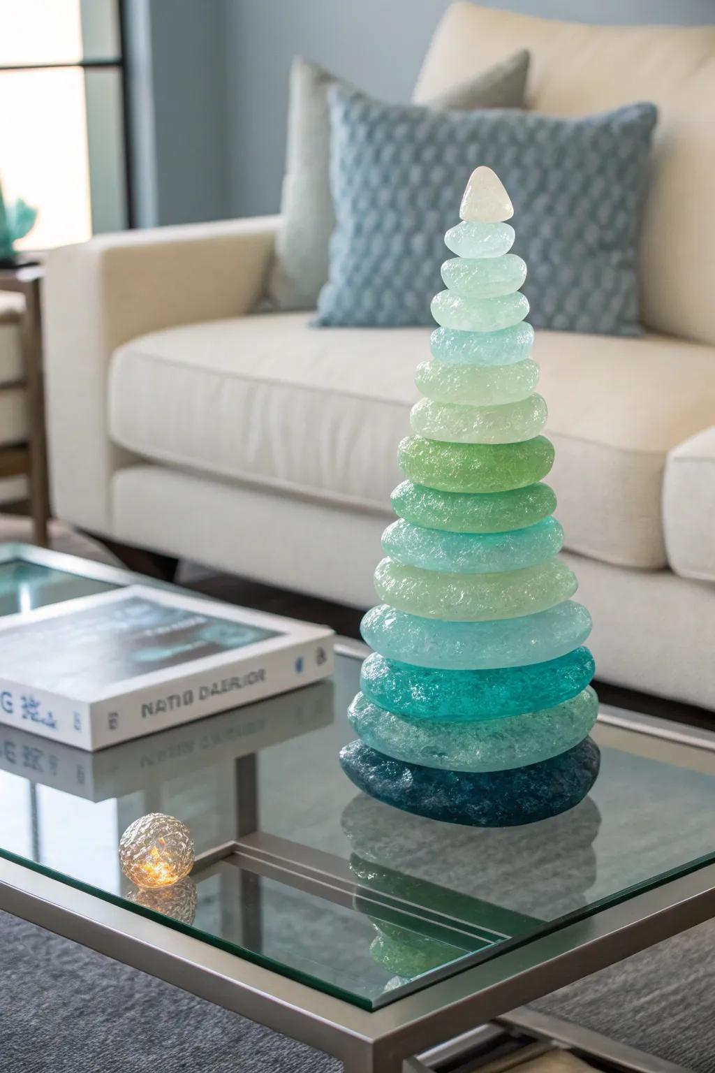 Tiered sea glass ornaments are a fascinating topic of conversation.