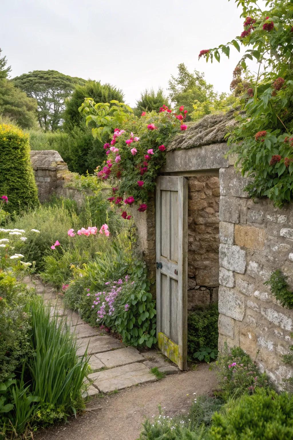 A stone wall conceals a secret garden door, yearning to be discovered.