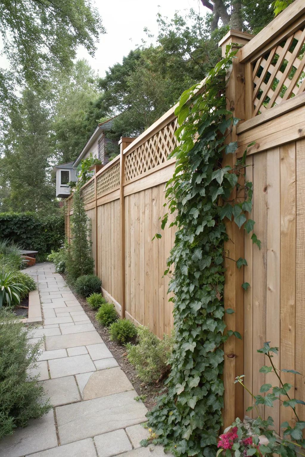 A delightful trellis top enhances the elegance and practicality of a partially-private fence.