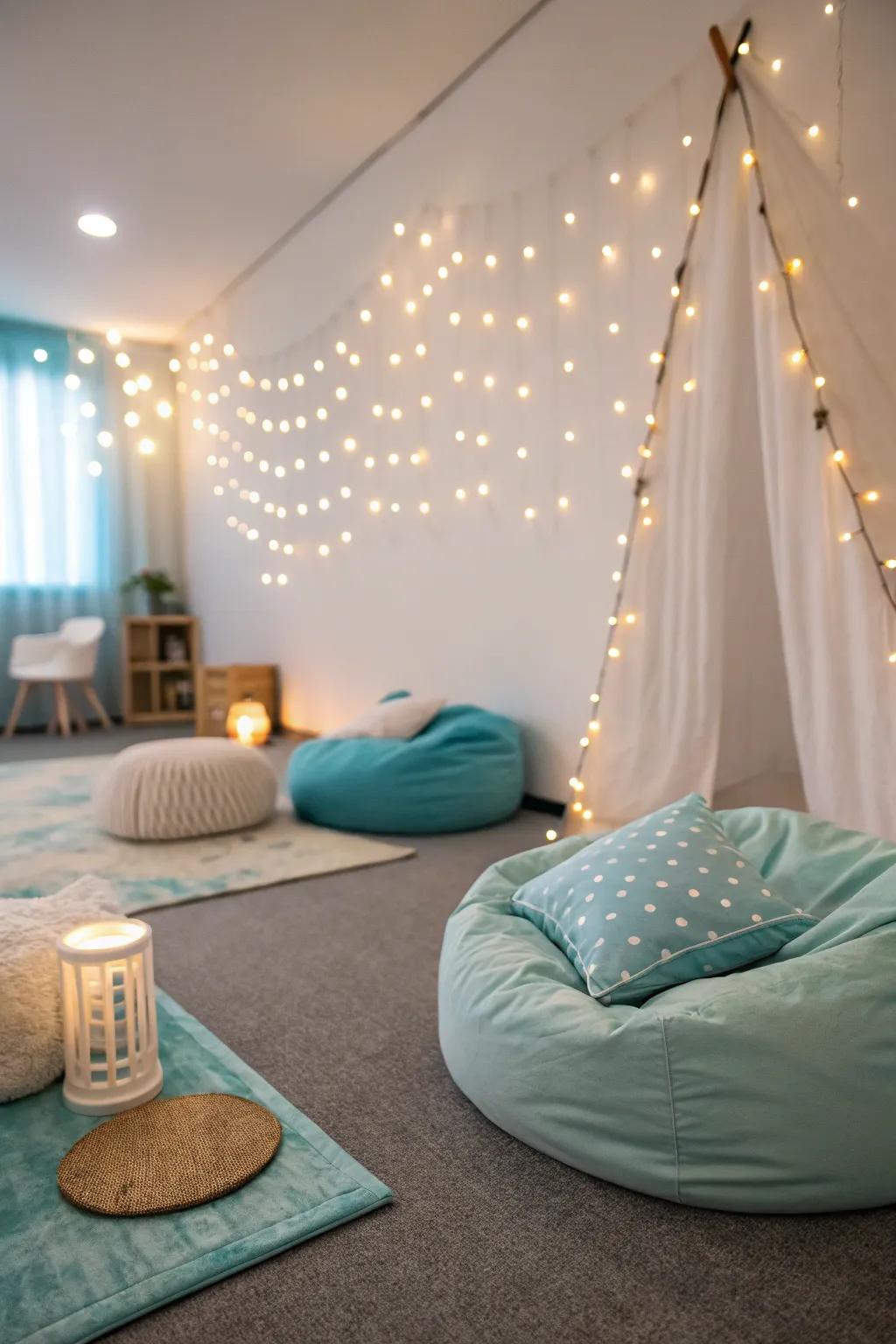 Soft lighting transforms the room into a peaceful sanctuary.