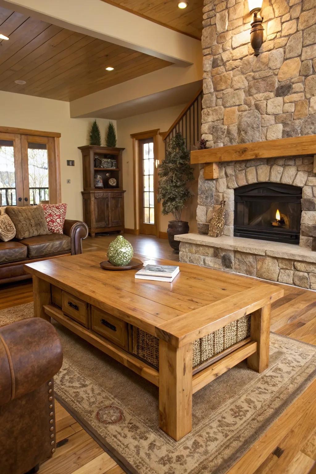 The space is made warmer and more rustic by the use of natural wood and stone.