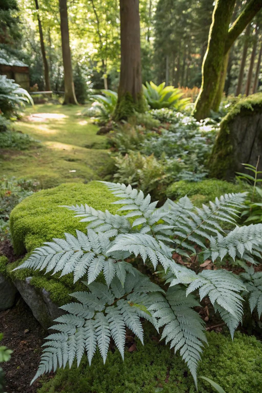 Japanese painted ferns crafting an enchanting garden nook.