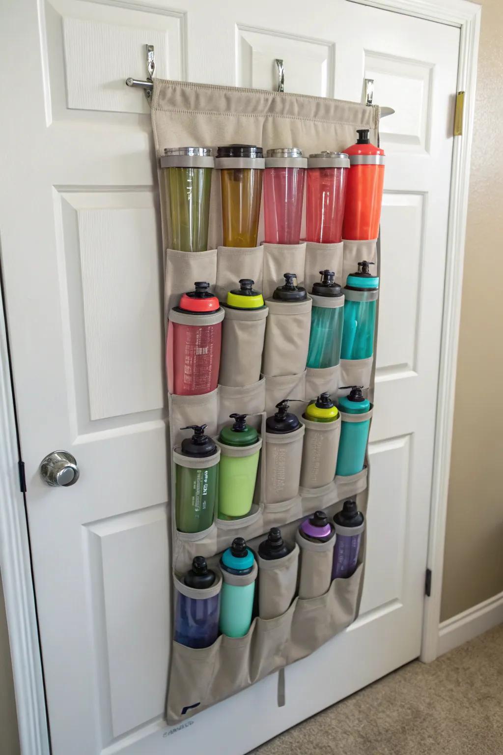 A hanging shoe organizer creatively repurposed for protein mixer storage.