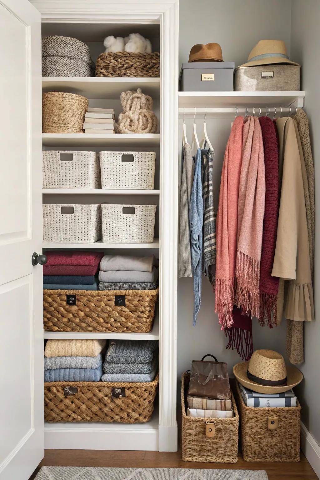 Interwoven baskets and containers elegantly organizing accessories within a shared wardrobe.