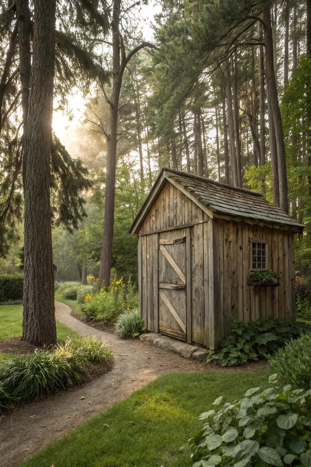 Rustic wood finishes bring a dash of enduring charm to your garden shed.