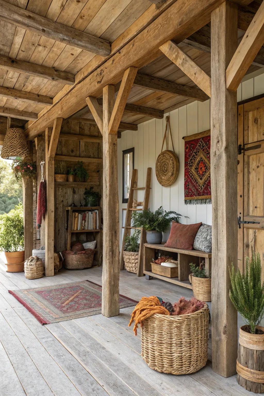 A rustic shed home interior featuring timber details and earthy furnishings.