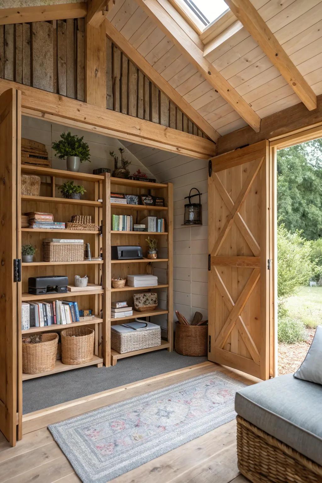 Open shelving divides spaces elegantly while keeping them connected.