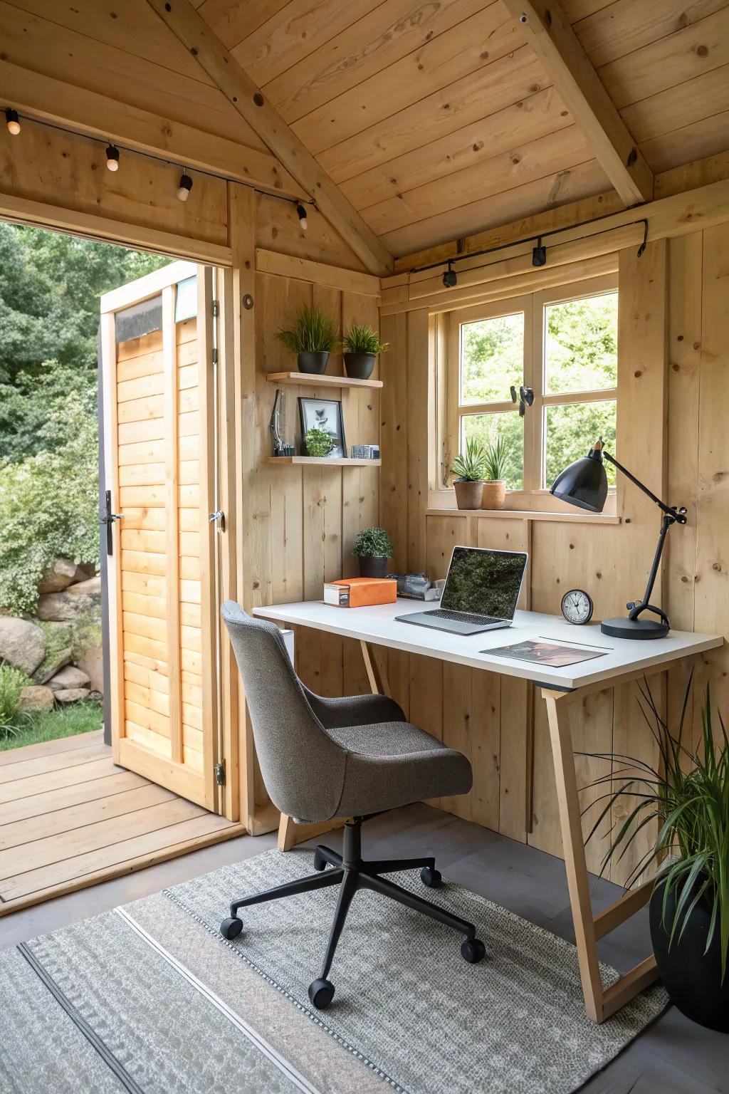 A shed redesigned into a tranquil and productive home office setup.
