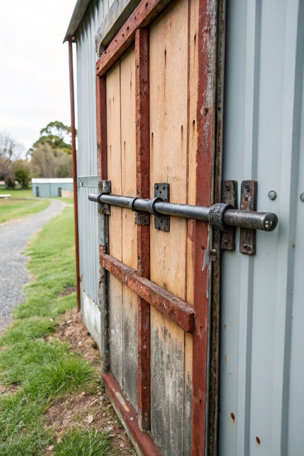 A strong metal security bar efficiently secures the shed entrance.