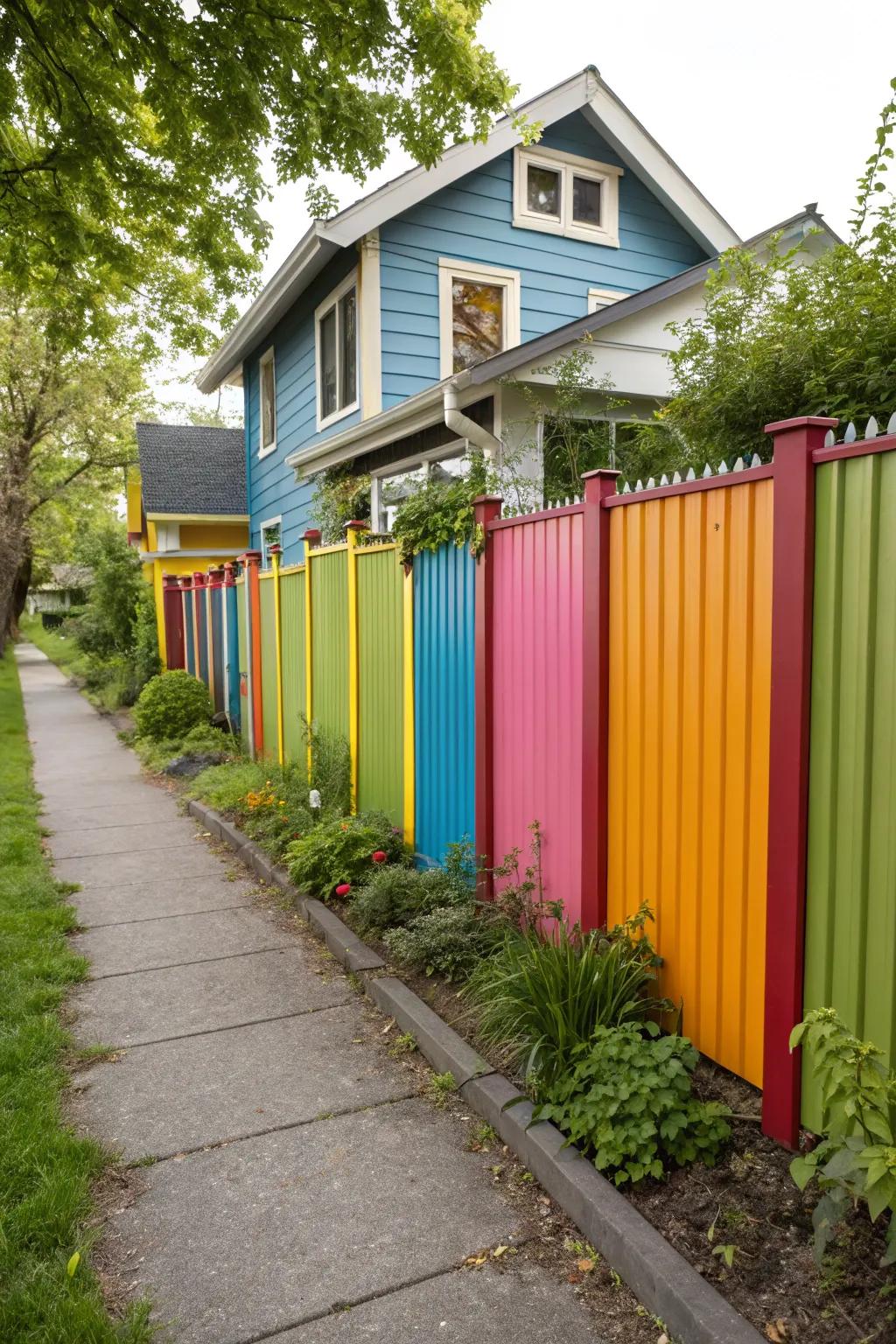A colorful sheet metal fence adds a lively touch to the landscape.