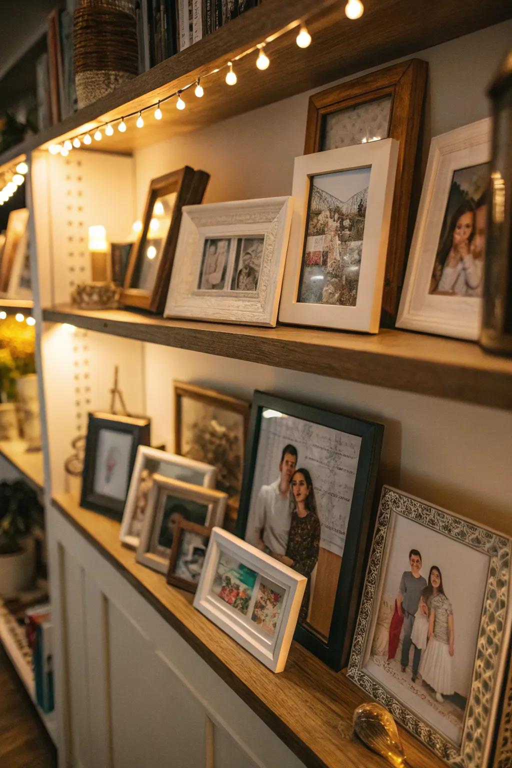 A shelf featuring framed family images and artistic creations for a personal feel.