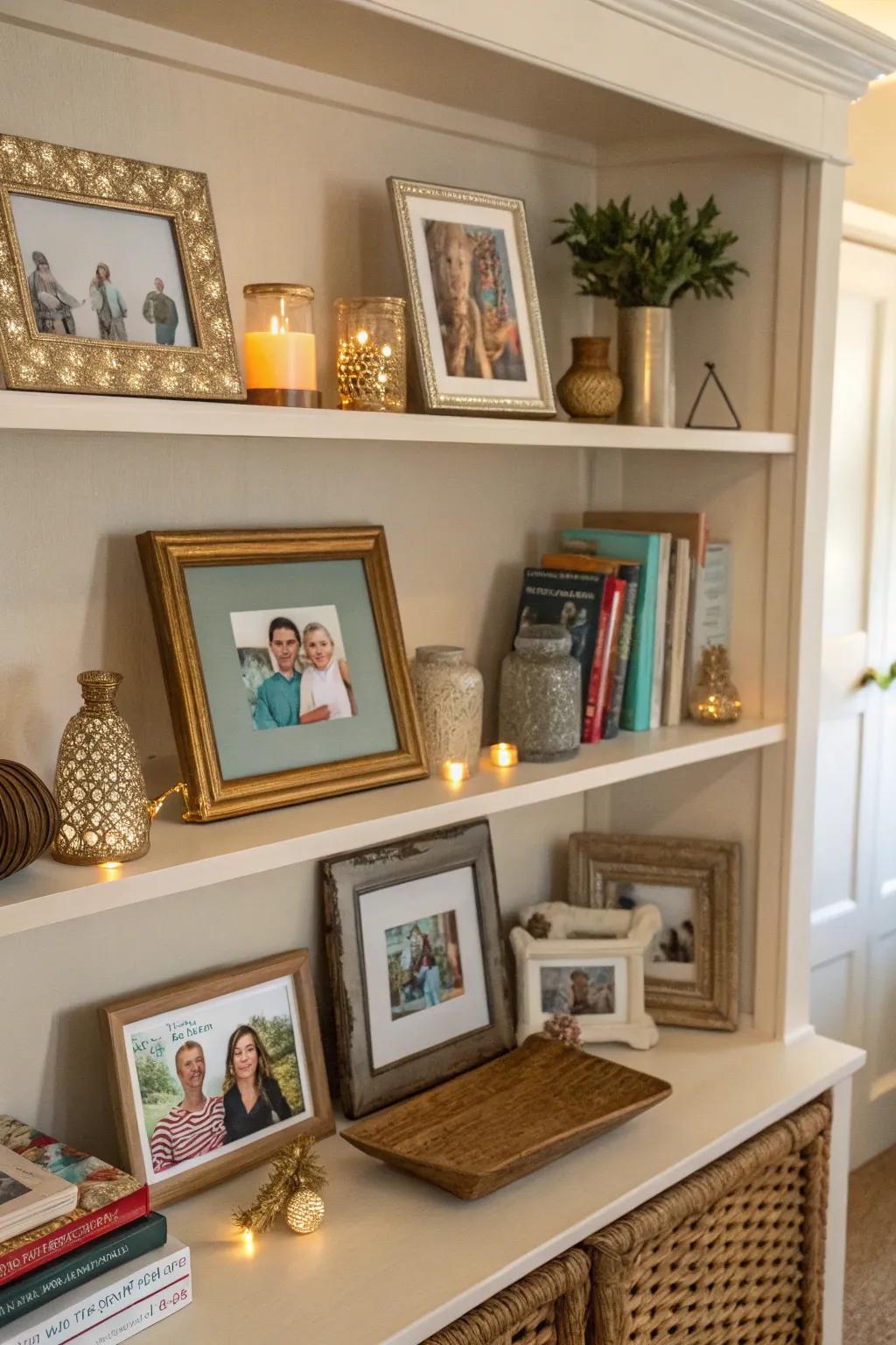 Framed family photos bring a personal touch to your shelf arrangement.