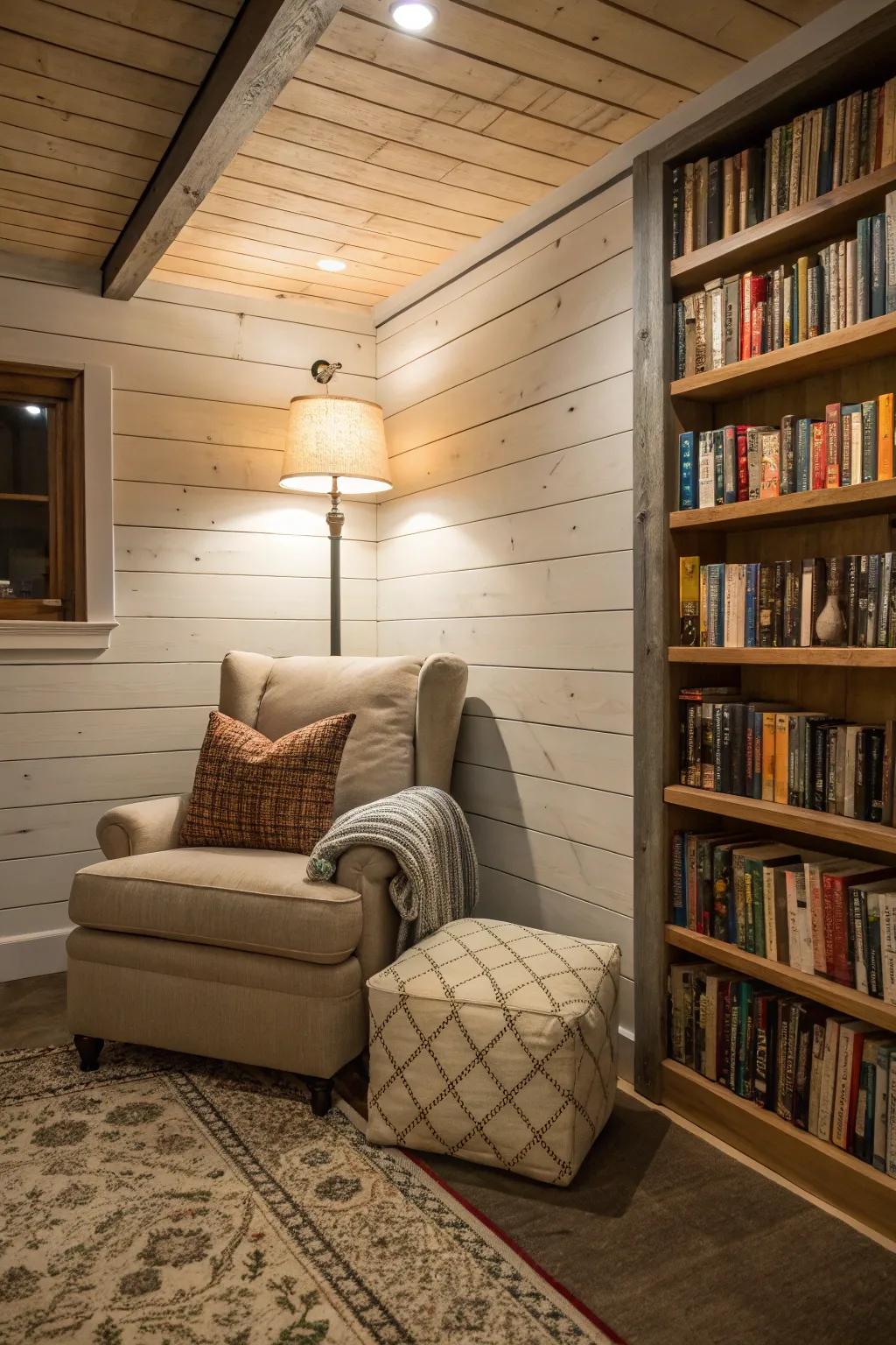A shiplap reading corner in the basement, complete with a deluxe armchair.