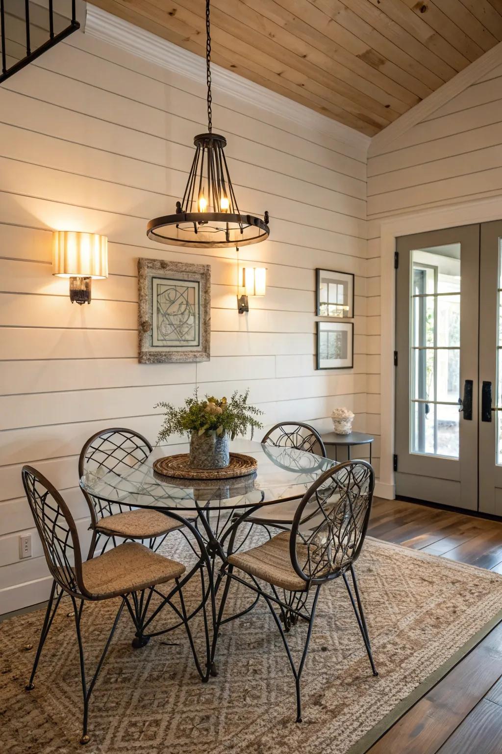 A dining area blending modern features with rustic shiplap walls.