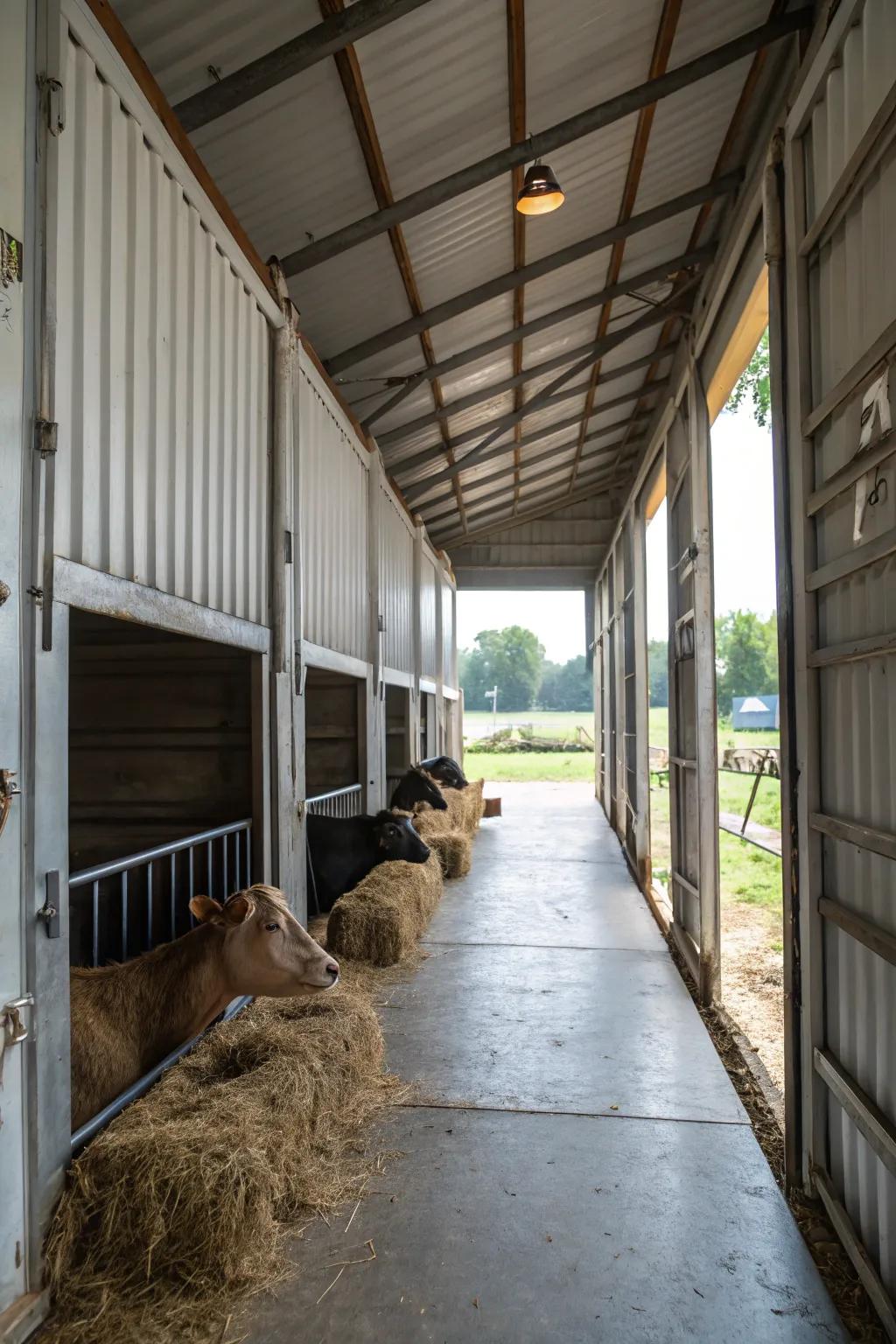 Happy animals living in a metal box barn filled with sunlight.