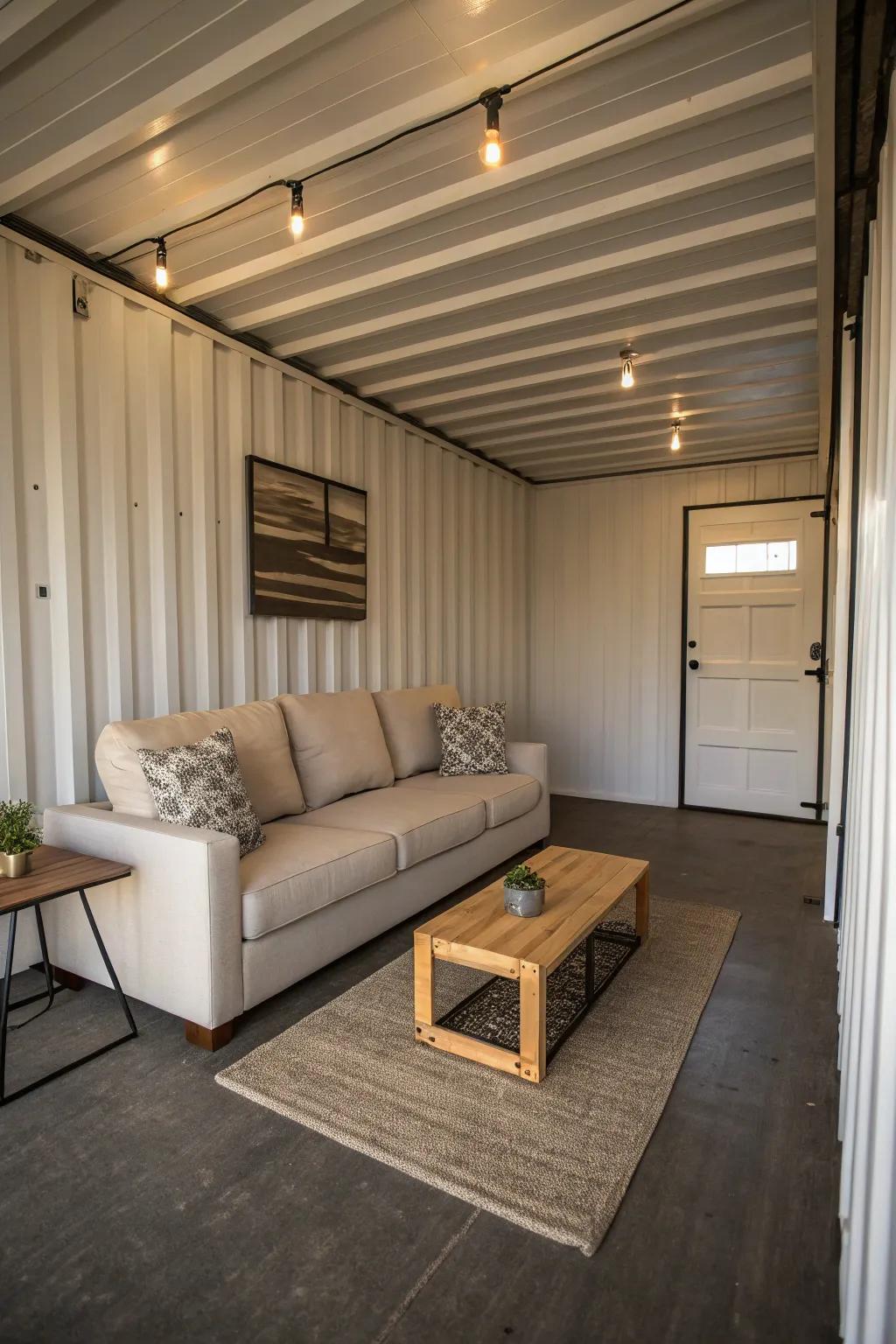 Modern simplicity in a metal box man cave.
