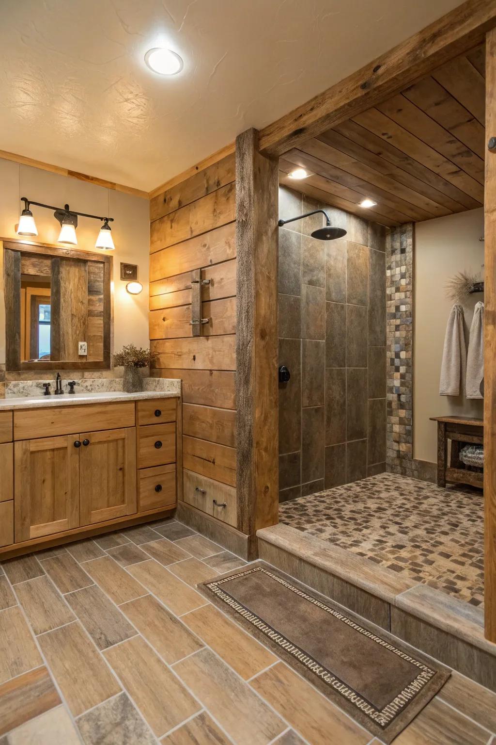 Wood-look tiles contribute a warm, natural atmosphere to the shower area.