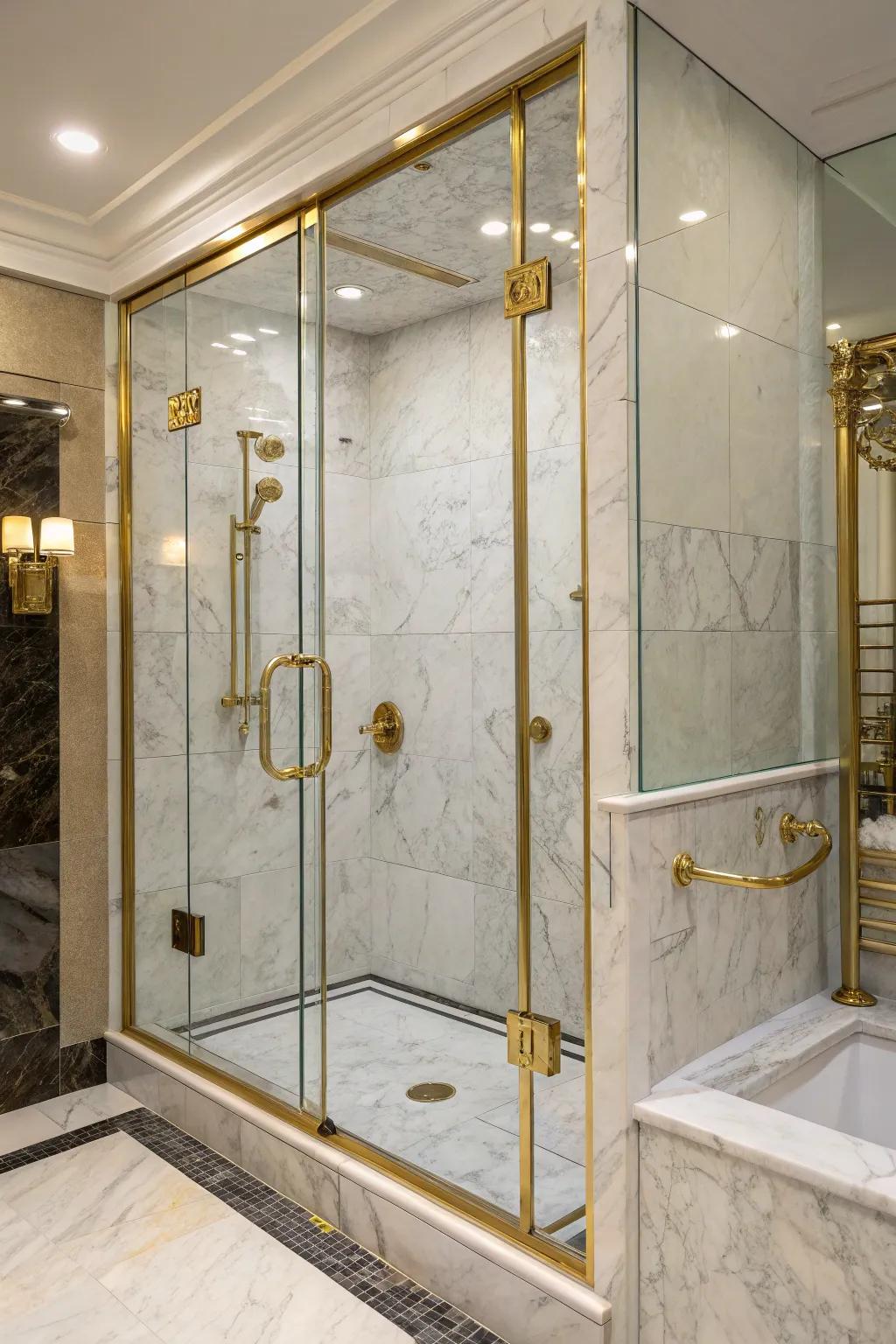 A shower showcasing elegant marble tiling and shimmering gold accents.