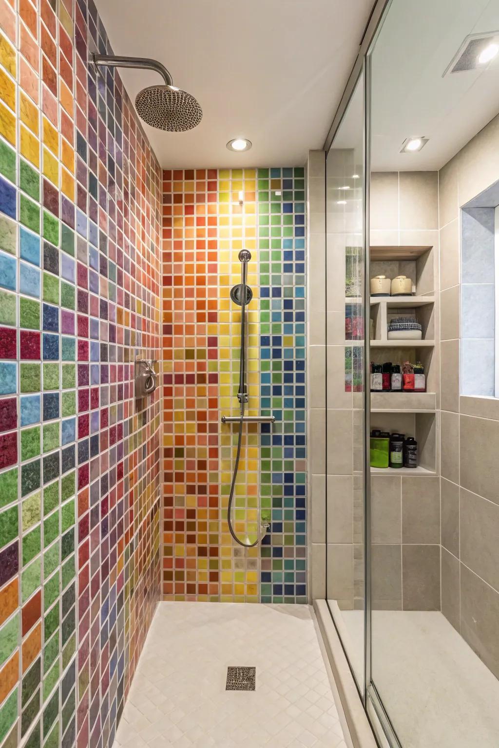 A colorful mix of patterns and mosaics enlivens this shower with personality.