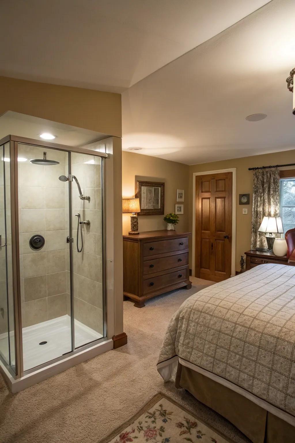 Space-saving corner shower tucked into a bedroom corner.