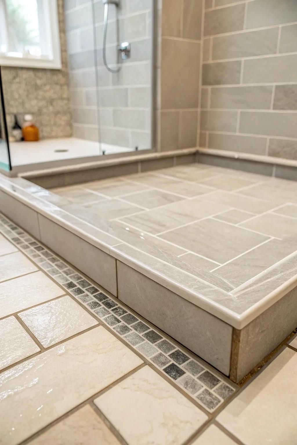 A shower base designed using large calm and pale tiles for a minimalist and serene vibe.