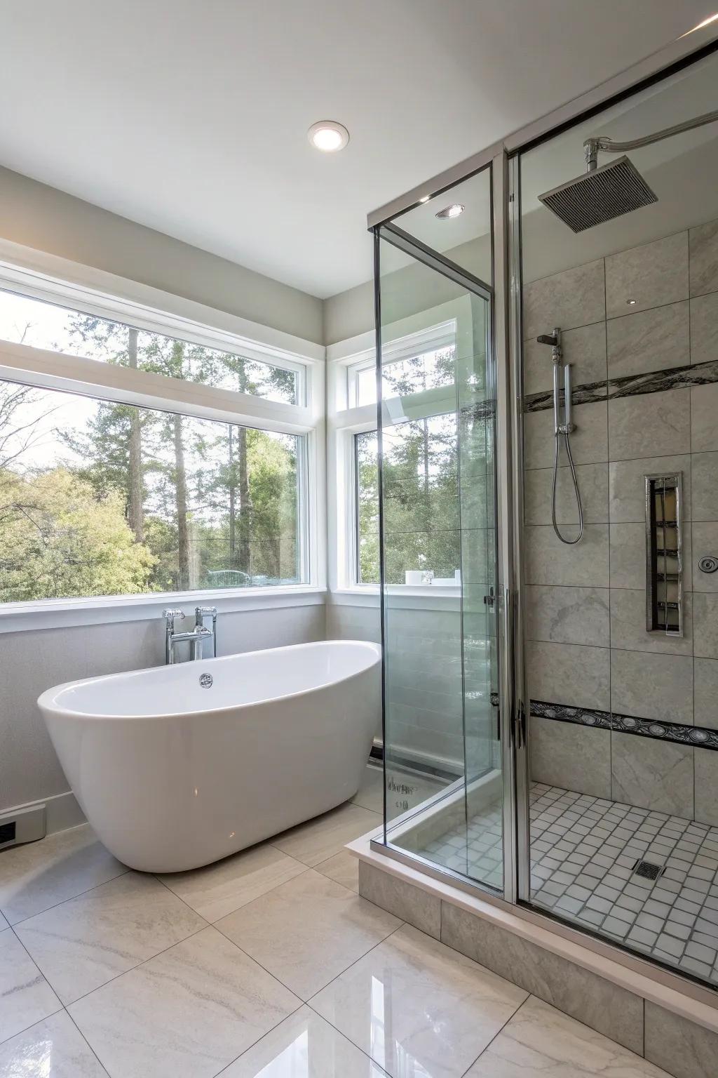 An opulent bathroom featuring a detached soaking tub adjacent to a streamlined shower stall.