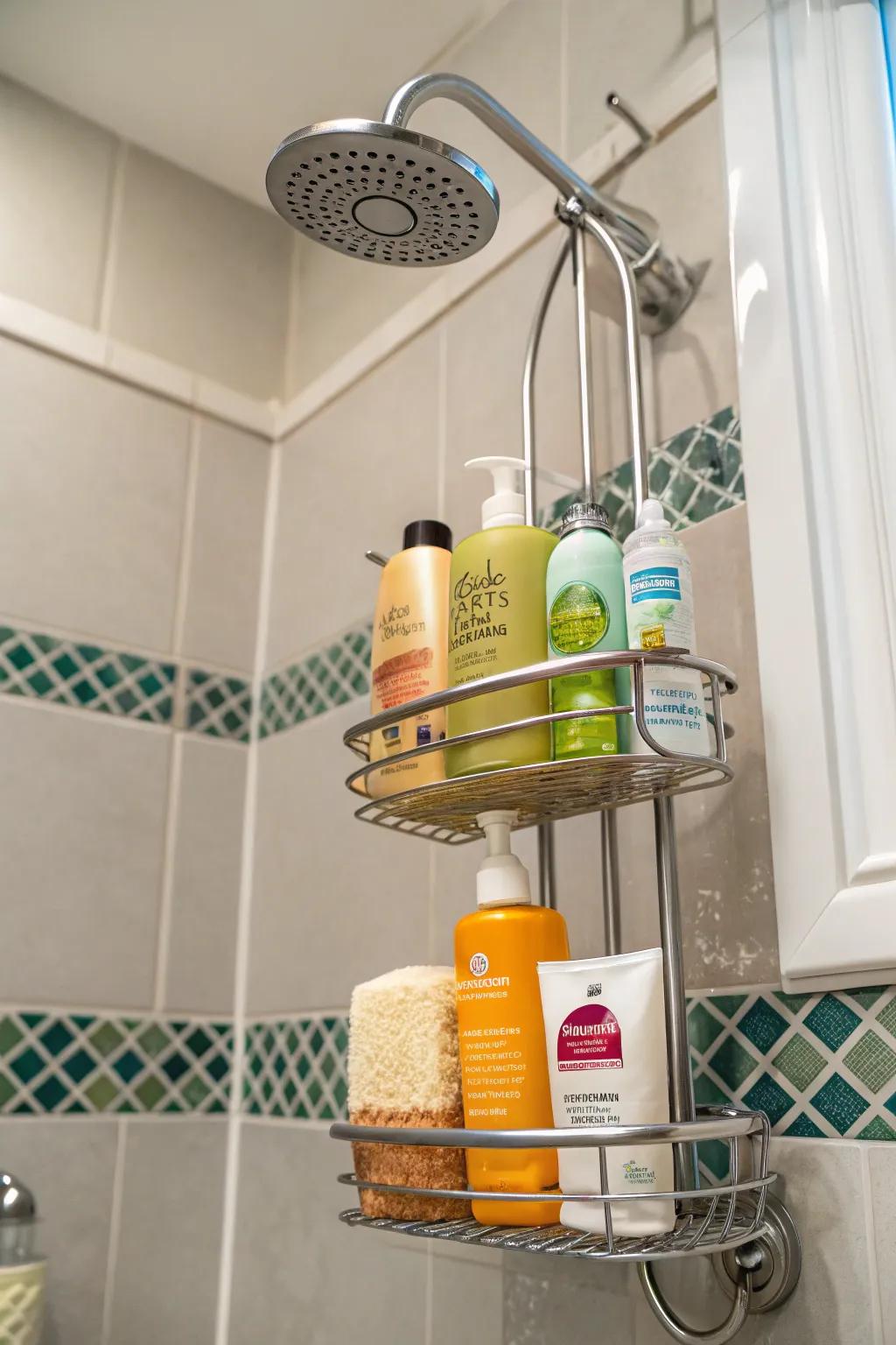 A suspended container organizes and provides easy access to your shower necessities.
