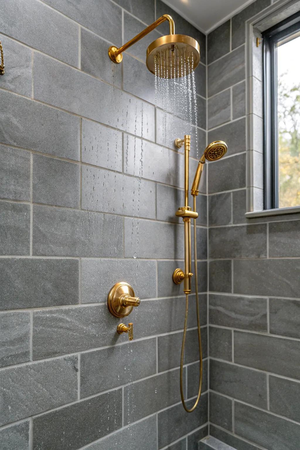 Grey tiles harmonized with metallic details for a lavish sensation.