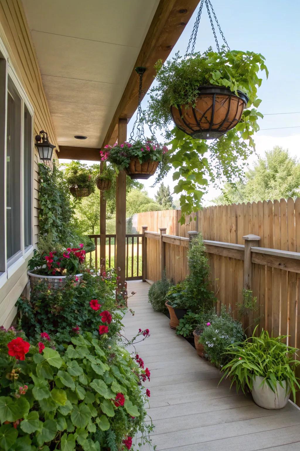 A flourishing side porch overflowing with vibrant plants and verdant foliage.