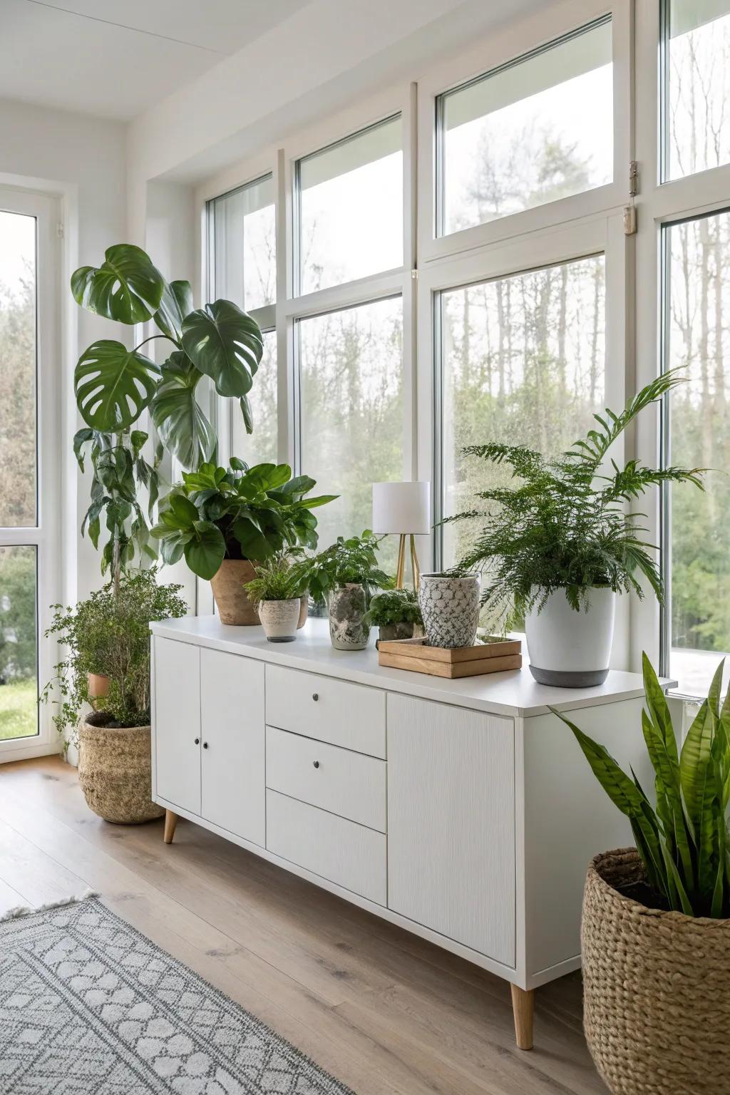A collection of indoor plants on a credenza introduces vibrant greenery and texture.