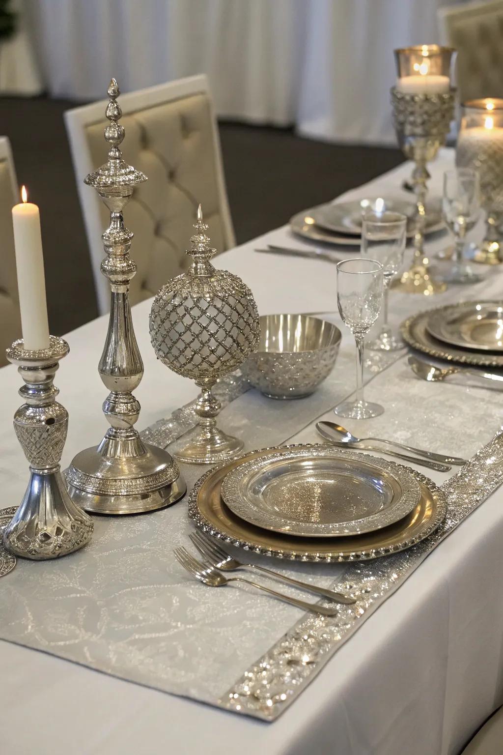 Craft a sophisticated dining experience with silver table arrangements.