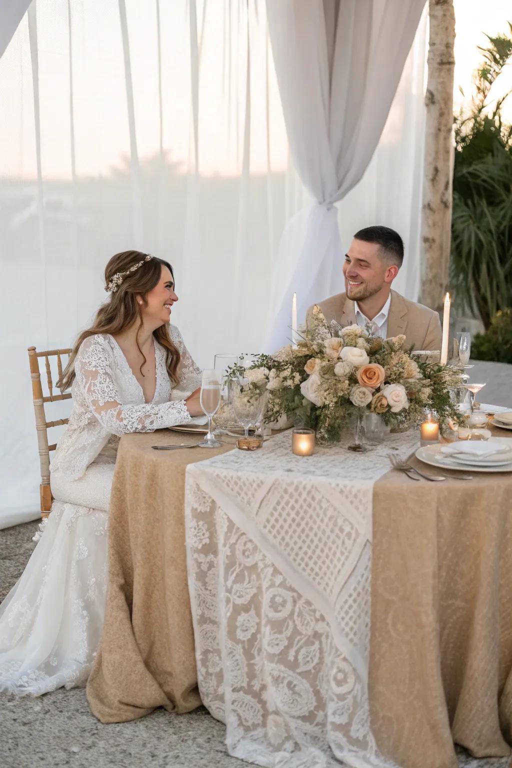 A bride and groom table displaying elegant textured linens in soft, neutral colors.