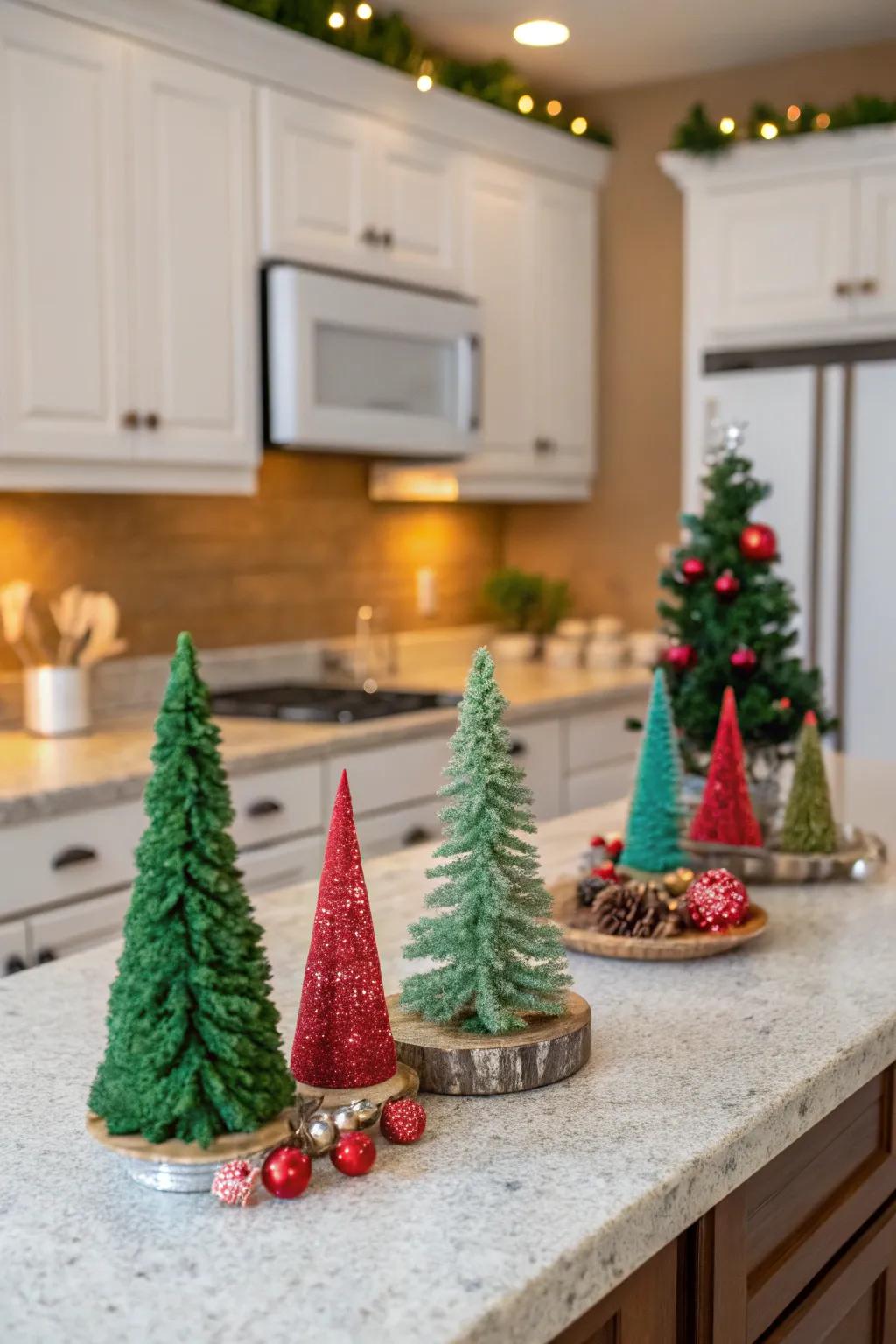 Scaled-down firs lend a whimsical feel to the cooking area ornamentation.