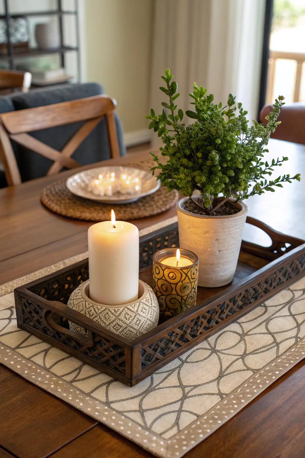 A decorative platform tidies up the centerpiece.